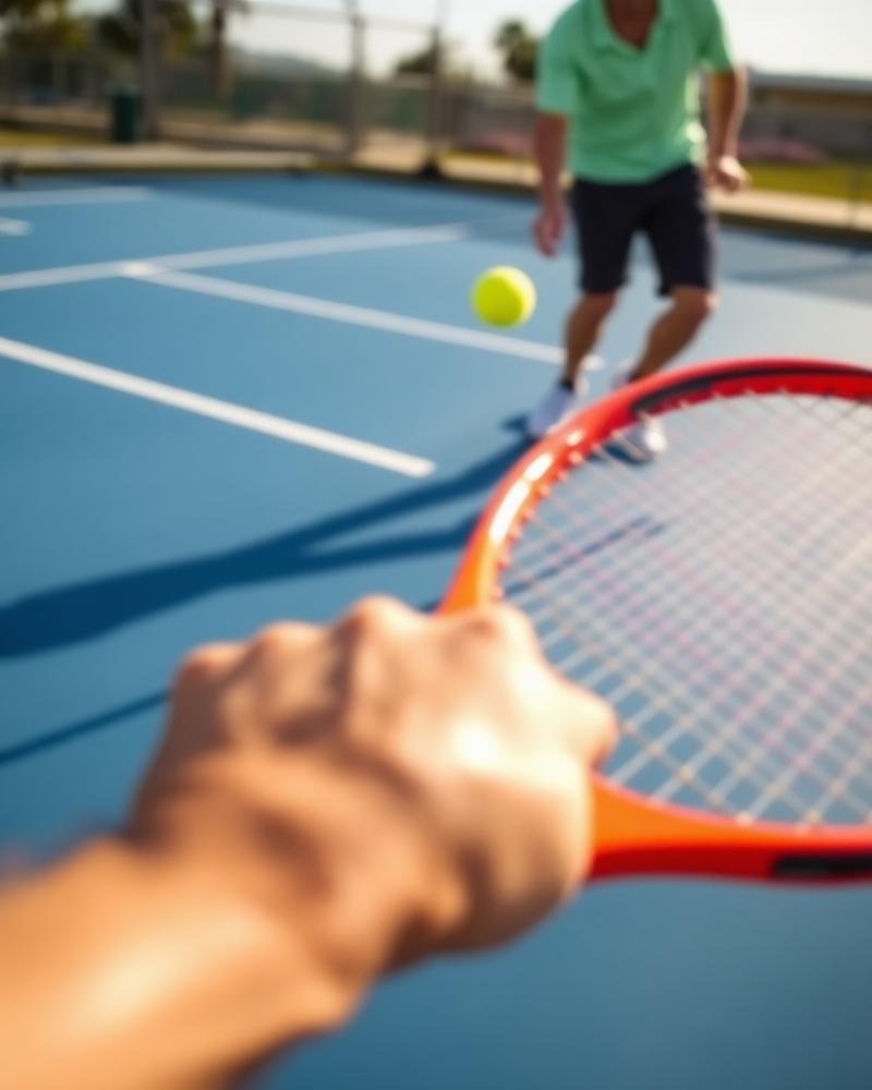 Recreational player serving on a public hard court